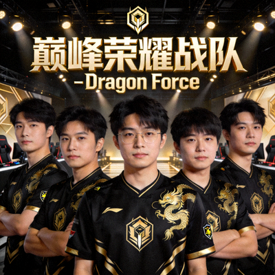 巅峰荣耀战队 - Dragon Force 战队官方宣传照，队员身着黑金队服