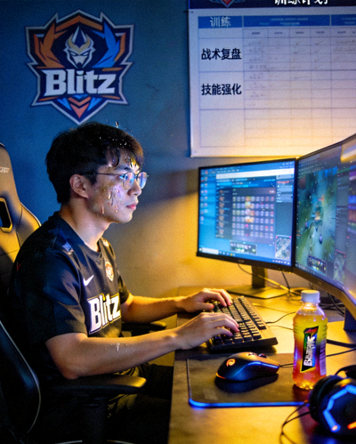 新星选手‘Blitz’张锐在训练基地刻苦练习的画面