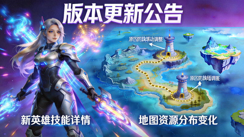 游戏版本更新公告配图，展示新英雄与地图改动